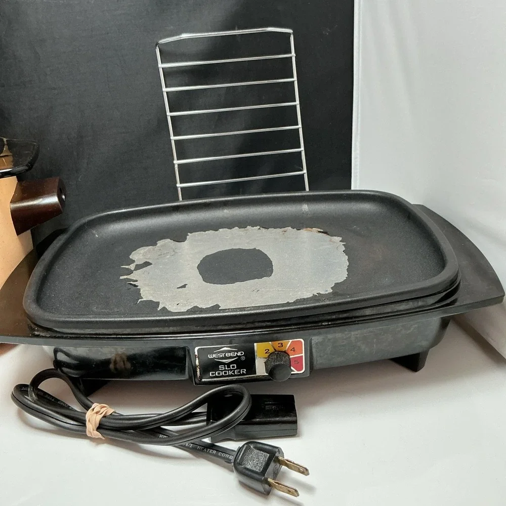 Vtg West Bend 6 Qt Slow Cooker Griddle Amber Glass Lid Chicken Rooster Tested